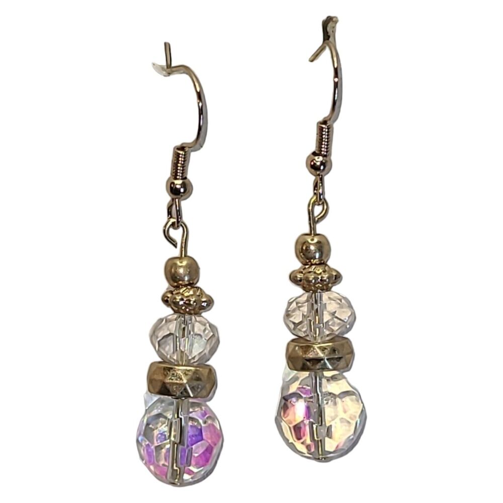 Handmade Matte Gold Tone Iridescent AB Crystal Bead Dangle‎ Earrings 1.75"